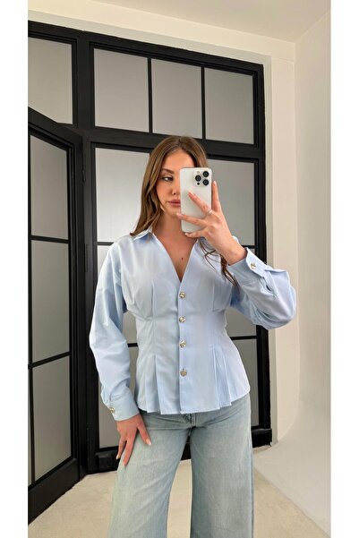 Gaus Mavi Gold Düğmeli Belden Oturtmalı Gömlek GAUS-01230