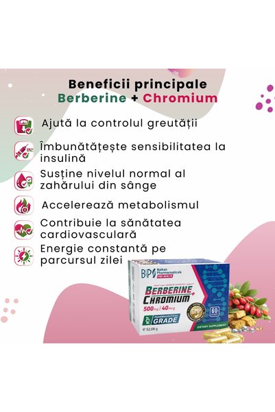 Balkan Pharmaceuticals Supliment Alimentar Berberină + Crom, pentru Slăbit,Reduce Pofta de Dulce, 500 mg/40 mcg, 60 Capsule