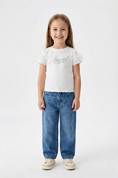 Escabel Girl Child 5-14 Years Old Stone Detailed Short Sleeve Bodysuit White