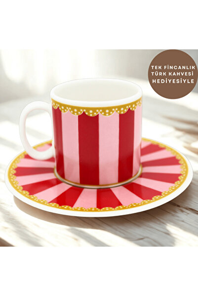 EVİMİA Gold Detaylı Kırmızı & Pembe Çizgili Porselen Fincan Takımı