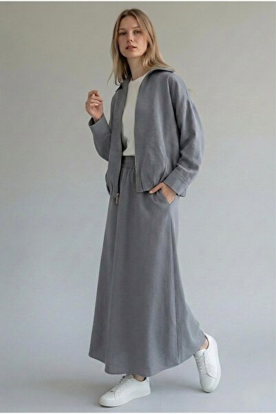 NERA GİYİM Women's Bomber Jacket Skirt Set-Smoked