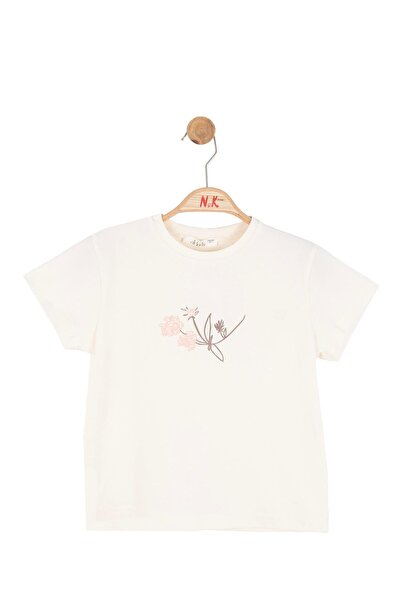 nk kids Baby Girl 4-8 Years Old Embossed Patterned Short Sleeve T-Shirt Cream
