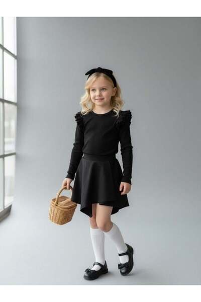 Zekids Bluză pentru fete cu mâneci detaliu cu volane material reiat