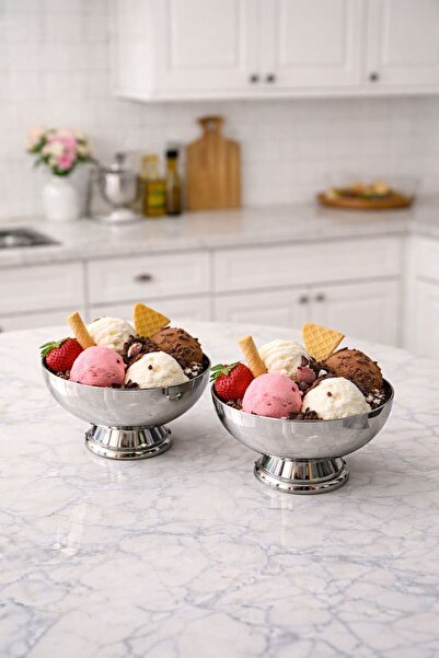 MEGY HOME 2'li 11cm 304 Çelik Ayaklı Dondurma ve Sunum Kasesi Seti Lokumluk Ç...