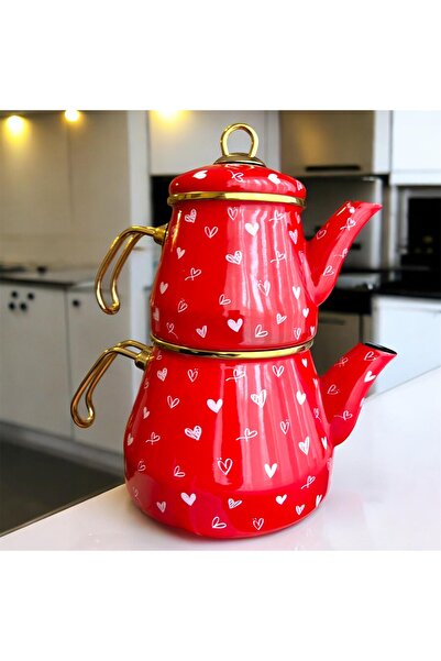 FeyzaDesign Emaye Çaydanlık Takımı 2,5L ve 1,25L Kalpli Desen, Çelik Saplı
