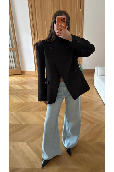 Zey Studio Kadın Siyah Yandan Düğme Detaylı Blazer Ceket