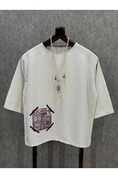FıttingRoom Oversize Bohemian Fakir Sleeve Beige Cotton Tshirt