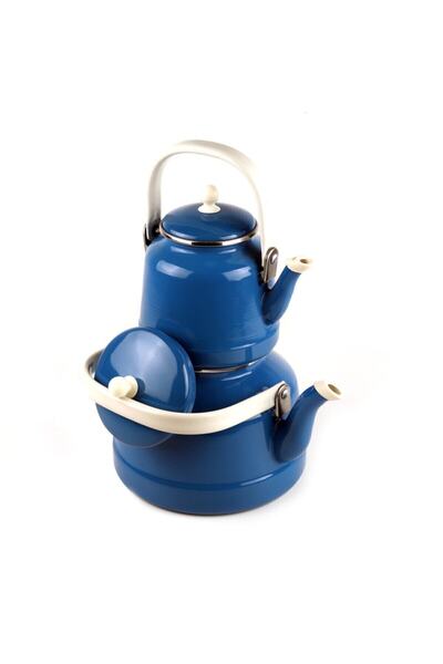 FeyzaDesign Vintage Mavi Çinko Çaydanlık Takımı, Emaye Saplı, Üst Düzey Kalite