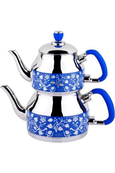 FeyzaDesign Mavi Desenli Mini Paslanmaz Çelik Çaydanlık, Yanmaz Silikon ile 7...