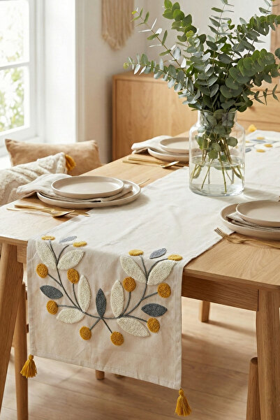 cottoncloth Papatya Bohemian Punch Embroidered Tasseled Cotton Table Runner (...