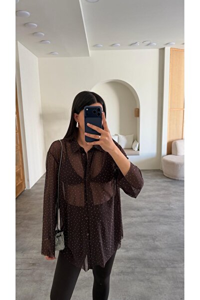 Gaus Kahve Taş Detaylı Transparan Gömlek GAUS-01217