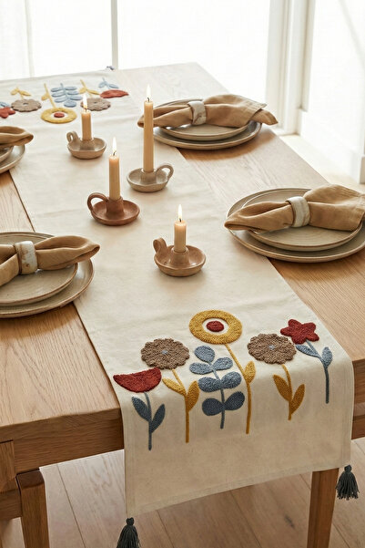 cottoncloth Yıldız Bohem Punch Nakışlı Püsküllü Pamuk Runner (40x130cm)