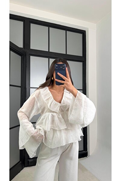 Gaus Ekru Fırfır Detaylı Transparan Bluz GAUS-01233