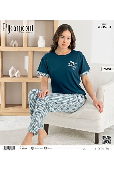 Pijamoni Bambu Milan Kumaş Mavi Renkli Kısa Kollu Kadın Pijama Takımı