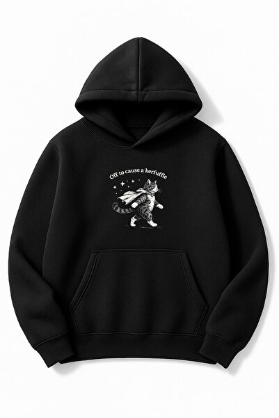 Altair Tr Oversized Unisex Kerfuffle Cat Printed Hooded Sweatshirt