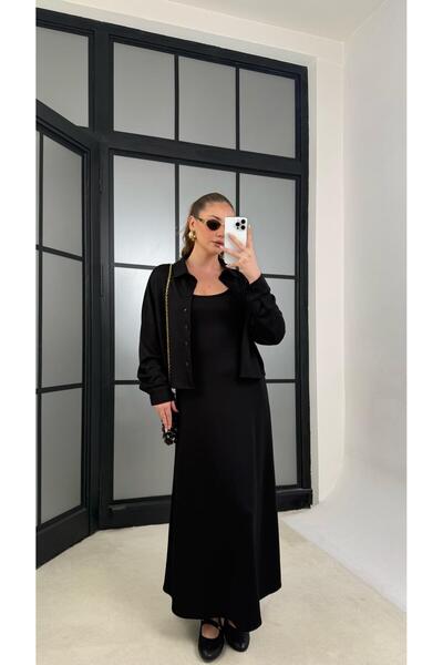 Gaus Siyah Gömlek Elbise İkili Modal Kumaş Takım GAUS-01218