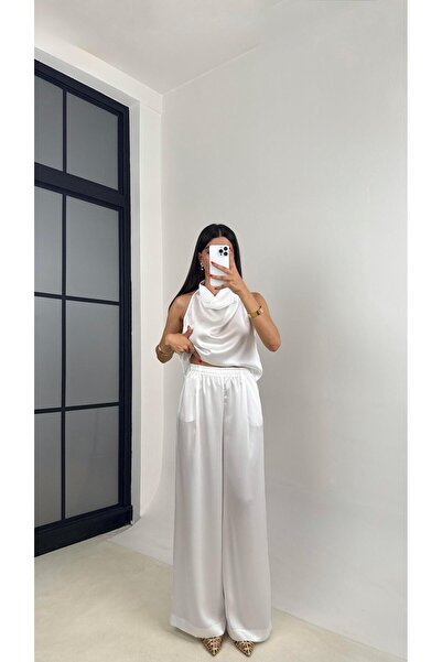 Gaus Beyaz Degaje Yaka Bluz Beli Lastikli Pantolon Saten Takım GAUS-01222