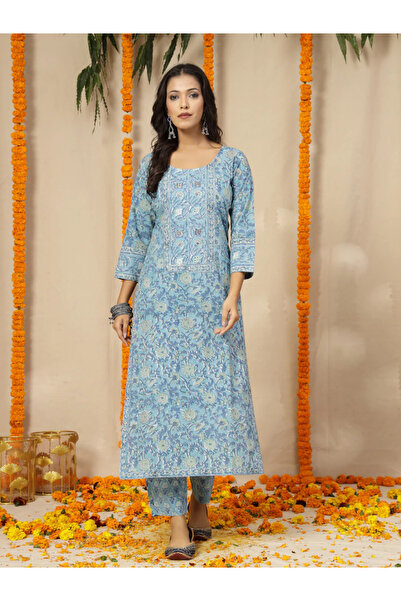 MYSMAR Blue Block Print Kurta Set With Printed Kota Dupatta - VRN1143 | Blue