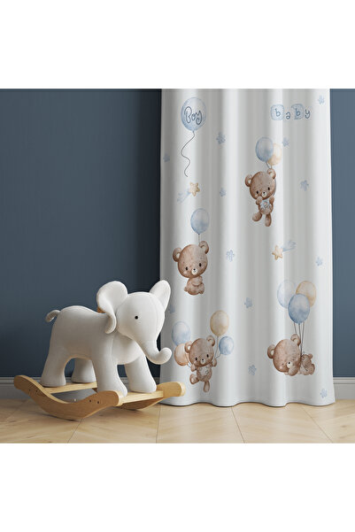 abathome Balon ile uçan ayıcık desenli,dijital baskılı çocuk odası çift kanat...