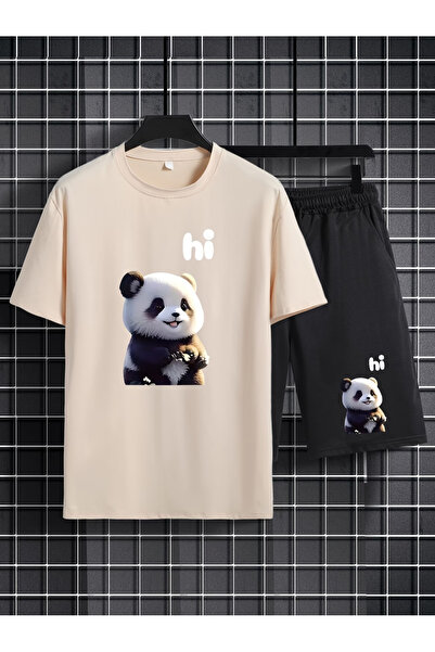 Rayan & Hoor Style Panda Printed Shorts T-Shirt Set Streetwear Bottom Top Com...