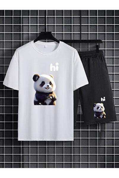 Rayan & Hoor Style Panda Printed Shorts T-Shirt Set Streetwear Bottom Top Com...
