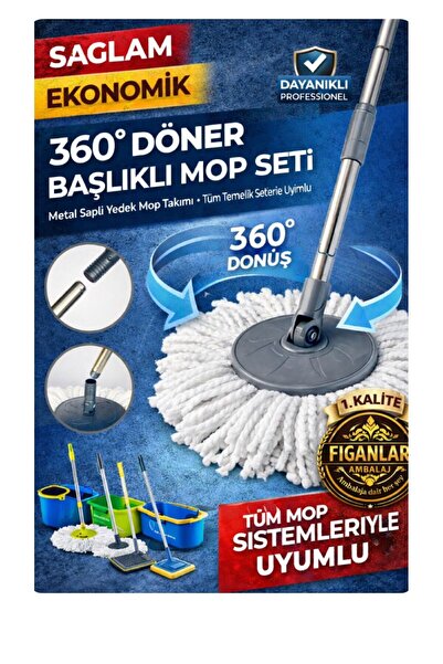 figanlar ambalaj 360° Döner Başlıklı Mop Seti – Metal Saplı Profesyonel Temiz...