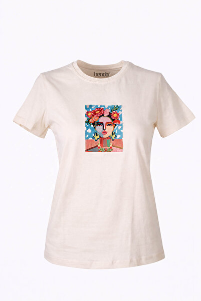 trender Tablo Bask Bej Kadın T-Shirt 26YL71595003