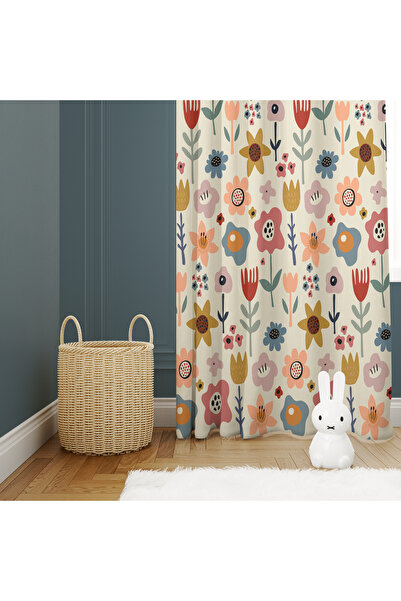 abathome Renkli, çiçek desenli,dijital baskılı çocuk odası çift kanat fon perde