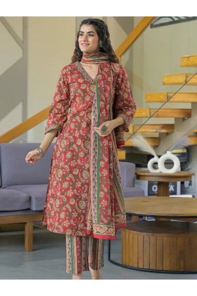 MYSMAR Maroon Print Cotton Kurta Set with Striped Dupatta - VRN1142 | Maroon