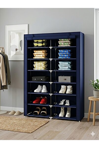 Missidea 2 Bölmeli Metal Profilli Bez Dolap Ayakkabılık Lacivert