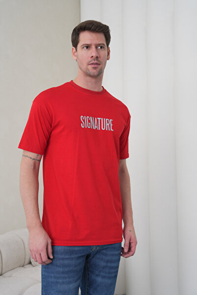 caddekombin Men's Red Signature Written High Printed Crew Neck T-Shirt