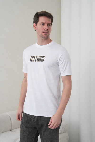 caddekombin Men's White Nothing Written High Printed Crew Neck T-Shirt