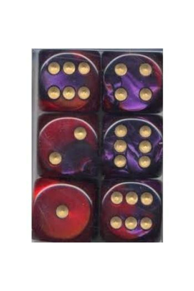 Chessex Gemini 16mm d6 with pips Dice Blocks (12 Dice) - Purple-Red w/gold