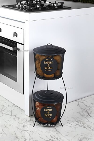 Reoona Lüx Ferforje Iki Katlı Metal Patates Ve Soğan Saklama Kovası Fileli SİYAH