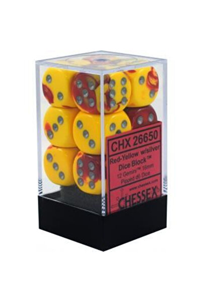 Chessex Gemini 16mm d6 με pips Μπλοκ Ζαριών (12 Ζάρια) - Κόκκινο-Κίτρινο με α...