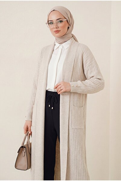 Modamorfo Corded Fabric Long Knitwear Cardigan with Handle Button Detail - Stone