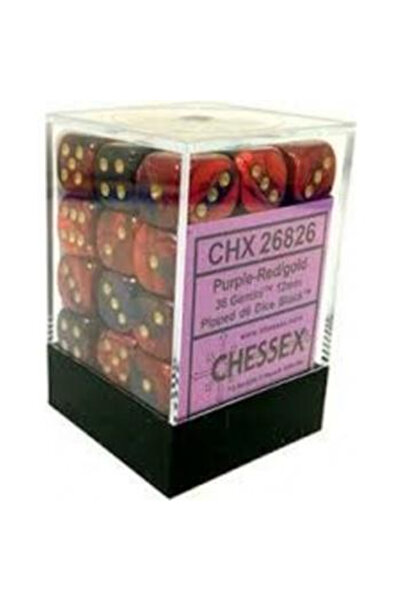 Chessex Zaruri Gemini 12mm d6 cu puncte (36 de zaruri) - Violet-Roșu cu auriu