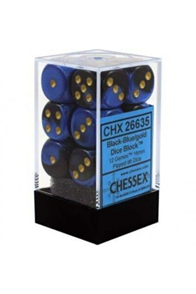 Chessex Gemini 16mm d6 with pips Dice Blocks (12 Dice) - Black-Blue w/gold