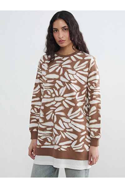 LC Waikiki Lcw Modest Brown Crew Neck Patterned Women's Sweatshirt Tunic