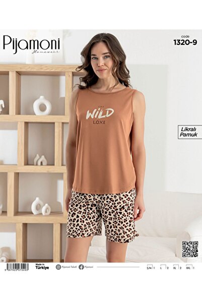 Pijamoni Pamuklu Leopar Desenli Askılı Şortlu Kadın Pijama Takımı