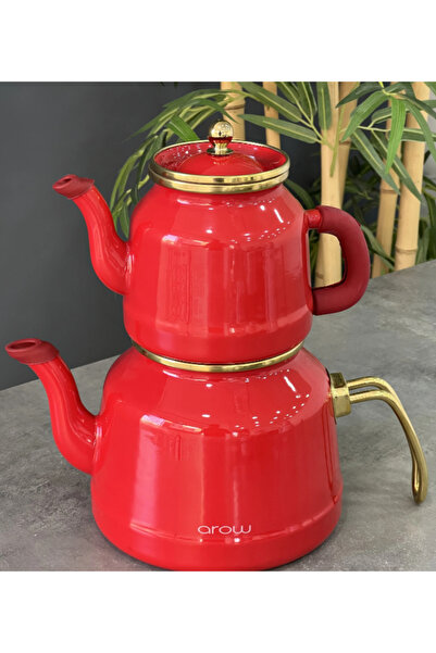FeyzaDesign Red Enamel Luxury Induction Base Tea Pot Set
