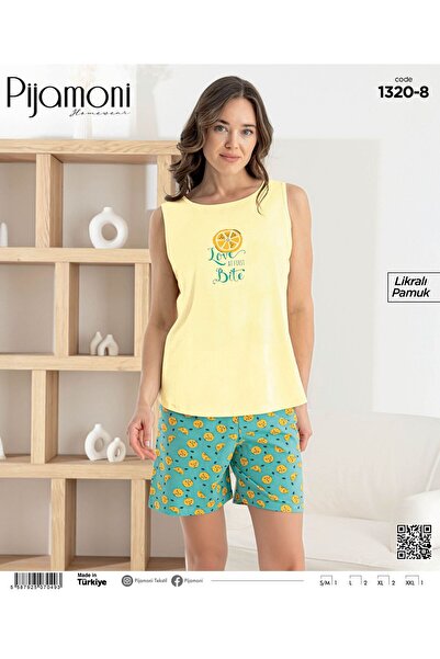 Pijamoni Pamuk komad žuto-zelenih šarenih šortsa sa trakama, ženski pidžama set