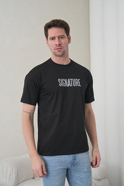 caddekombin Men's Black Signature Written High Printed Crew Neck T-Shirt