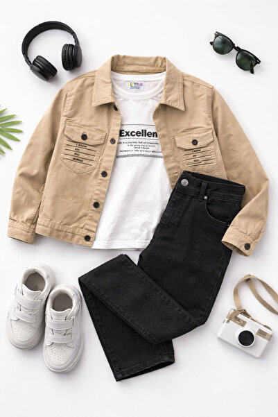 Yalçınoğlu Kids Boy's Beige Denim Jacket 3-Piece Combination Set I Boy's Holi...