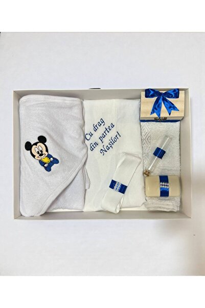 Your Baby Store Trusou botez Mickey – albastru electric, brodat, 7 piese, bumbac
