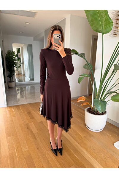 manana fashion Asymmetrical Cut Lace Detailed Midi Dress