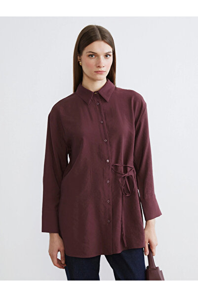 LC Waikiki Lcw Modest Burgundy Women's Shirt Tunic with Tie Detail