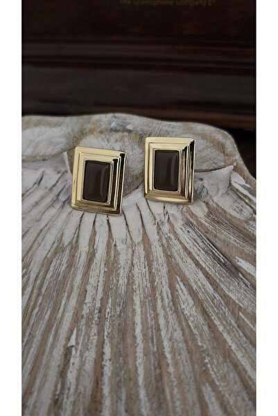 VOBEEYKU Gold Square Frame Detail Bitter Brown Stone Look Earrings