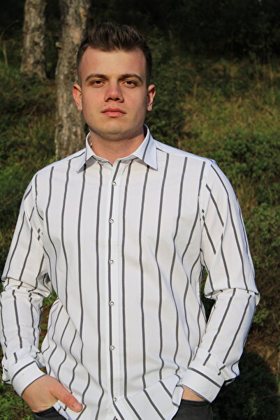 BAŞKONT %100 Pamuk Beyaz Siyah İnce Çizgili Slim Fit Klasık Yaka Erkek Gömlek