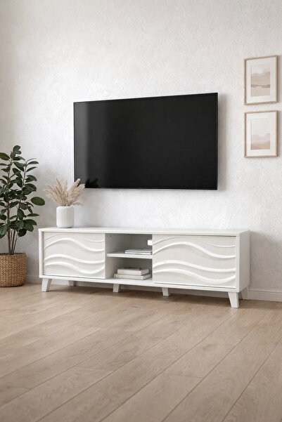 MARIA HOMES Elegant White TV Console 180cm Media Unit with Wavy Cabinet Doors...